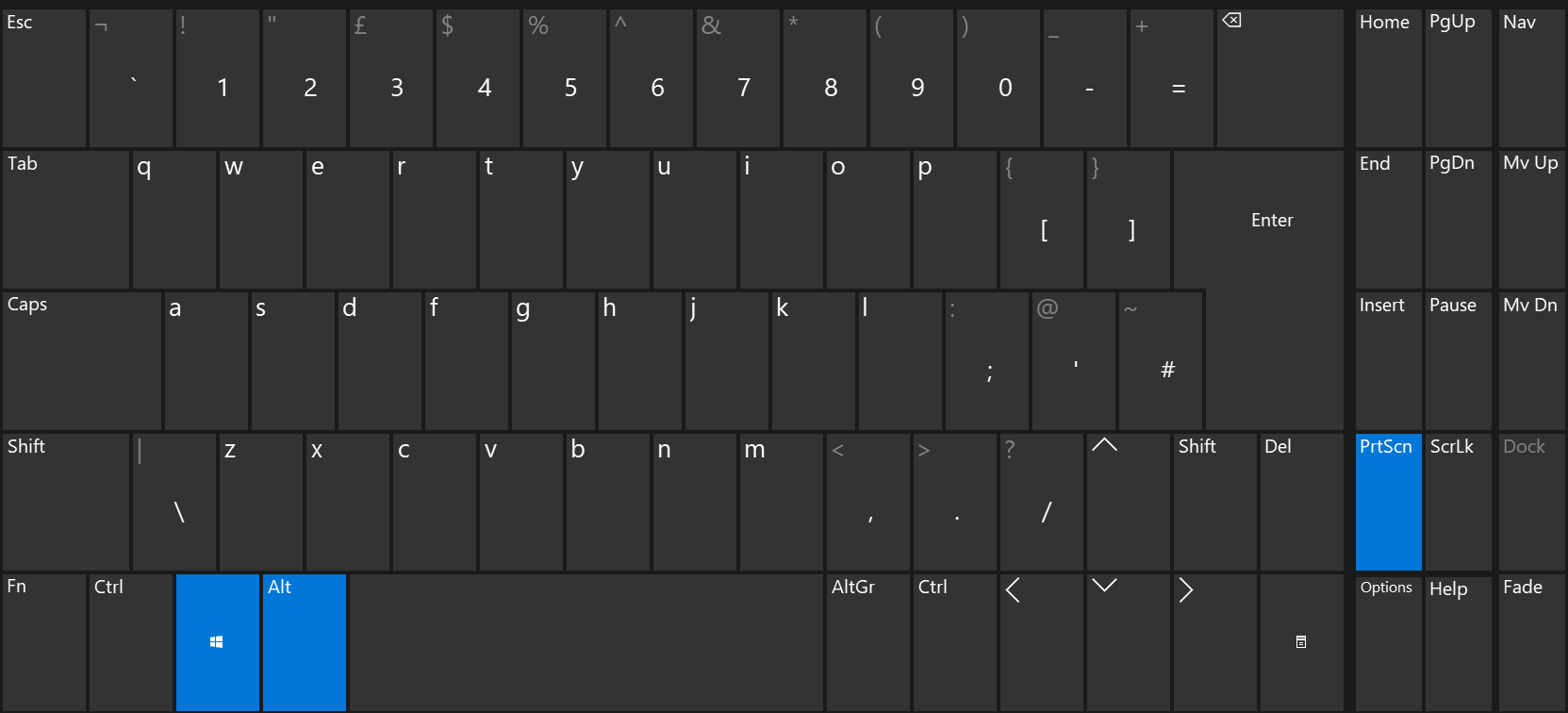 Keyboard with the [Windows], [Alt] and [Print] keys highlighted