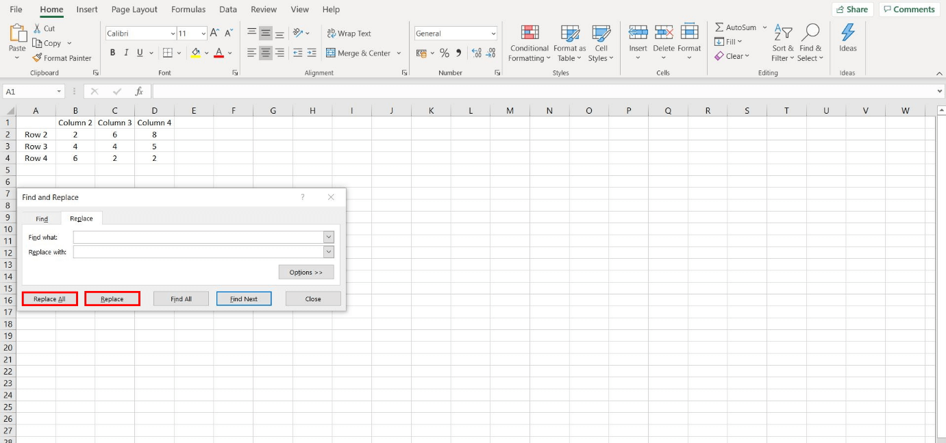 Search and Replace in Excel – dialog window