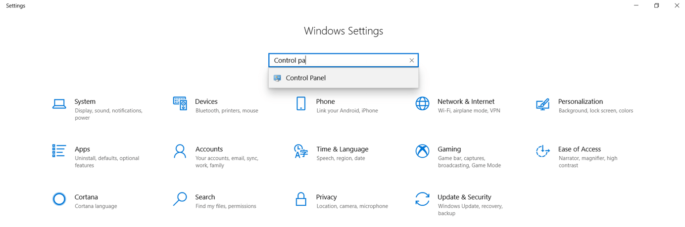 Search for the “Control Panel” using the search field in Windows Settings.