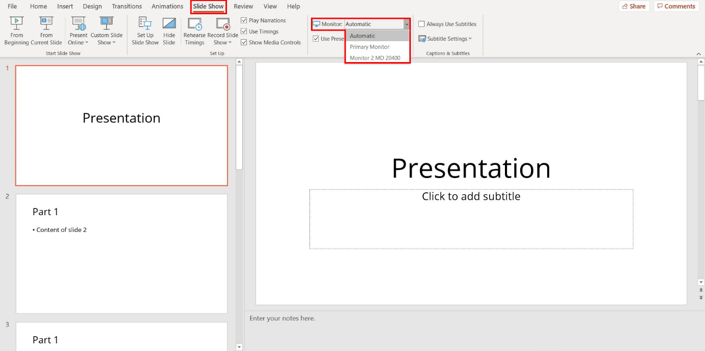 Select PowerPoint slide show screen