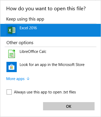 Selecting the app you want to open Excel files with