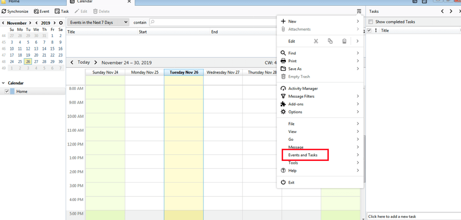 Selecting “Events and Tasks” in the Thunderbird calendar