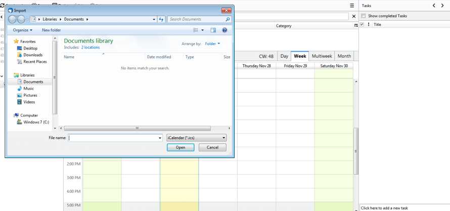 Selecting the desired ICS file in the new window that opened in the Thunderbird calendar