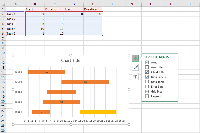 Selection window to paste chart elements into Excel