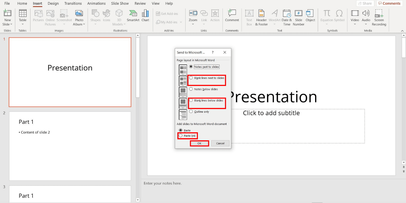 Sending PowerPoint to Microsoft Word: options