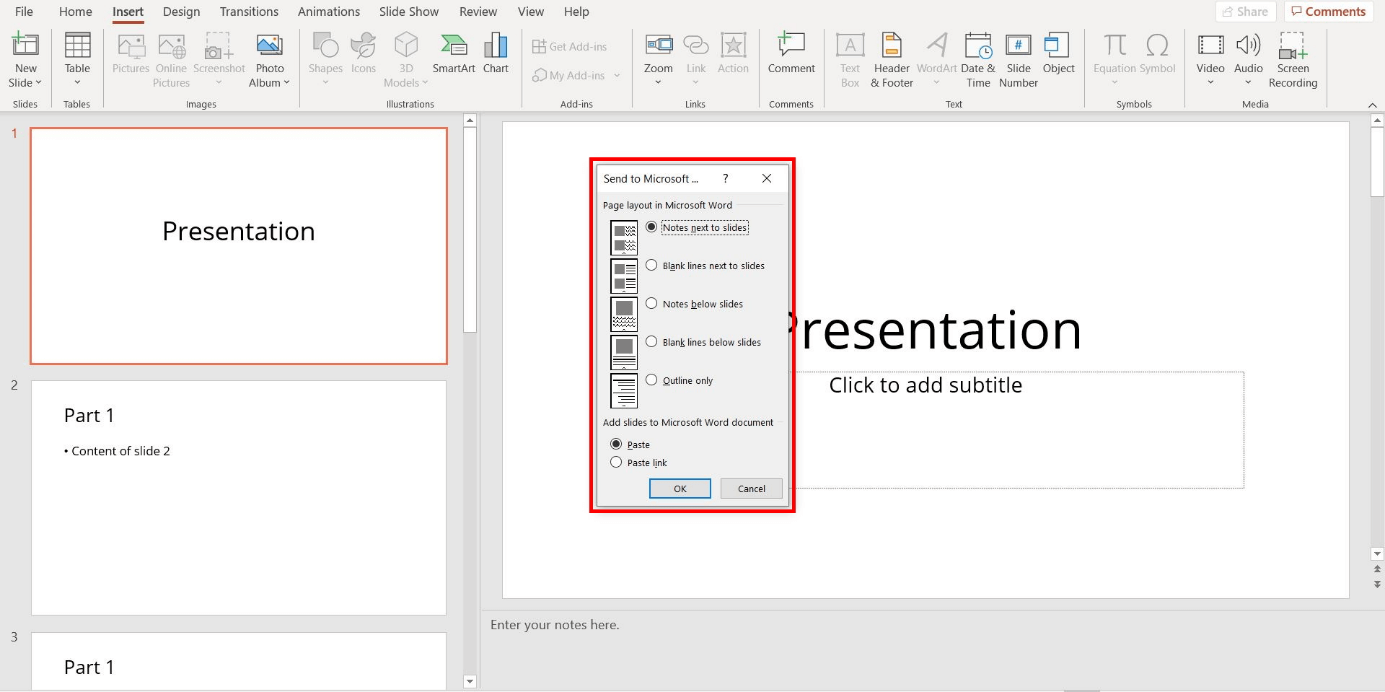 Sending the PowerPoint presentation to Microsoft Word