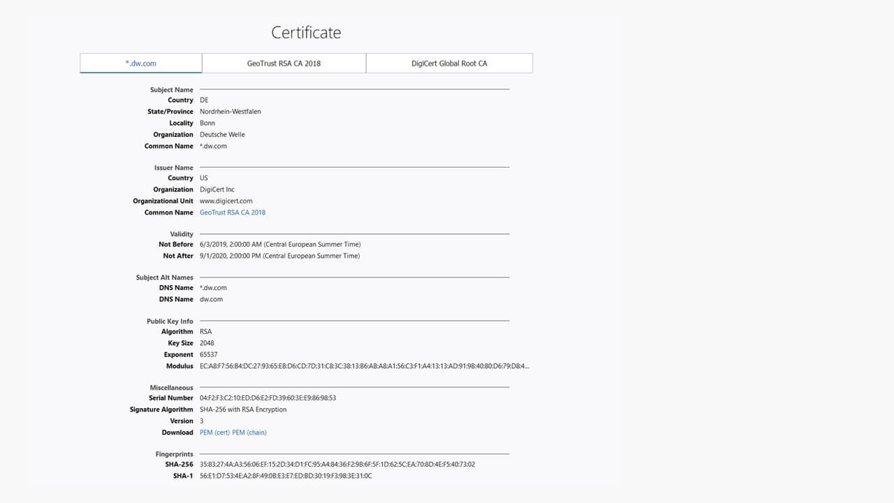 Server certificate with hash values (fingerprints)