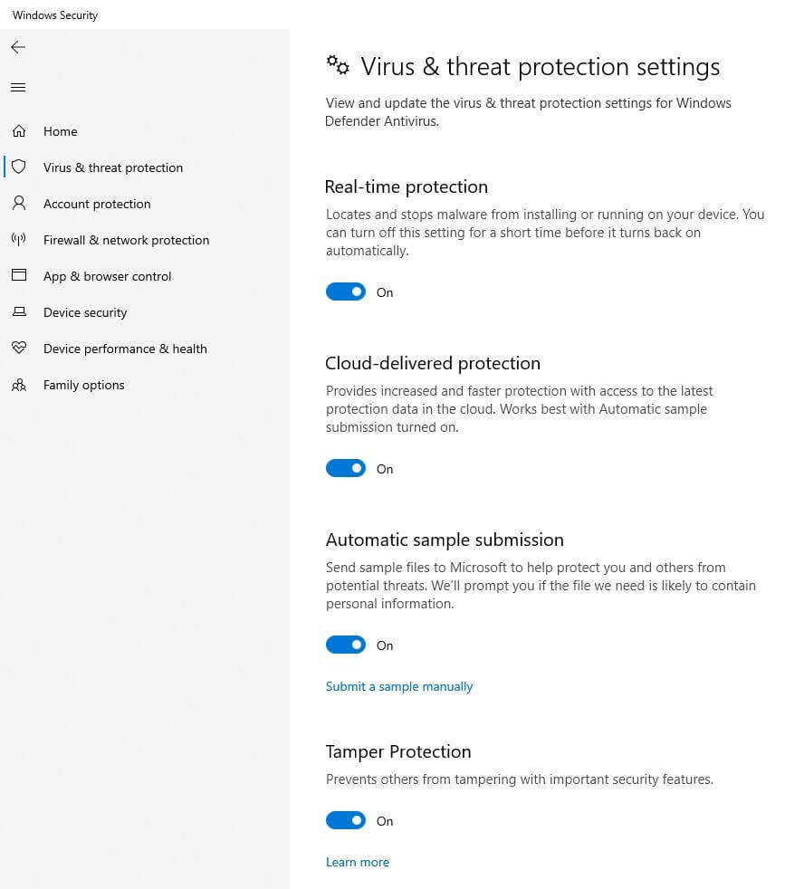 Settings for virus and threat protection in Windows