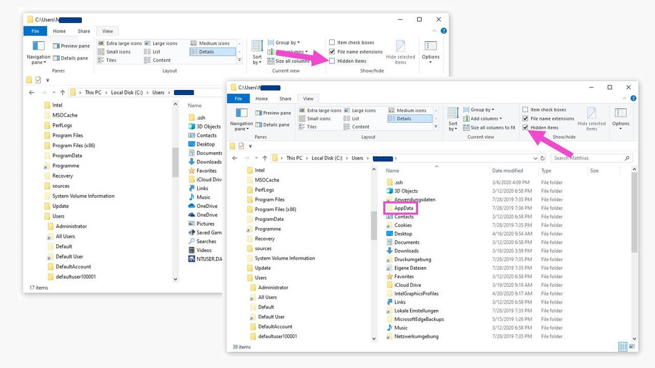 Showing the AppData folder in Windows Explorer
