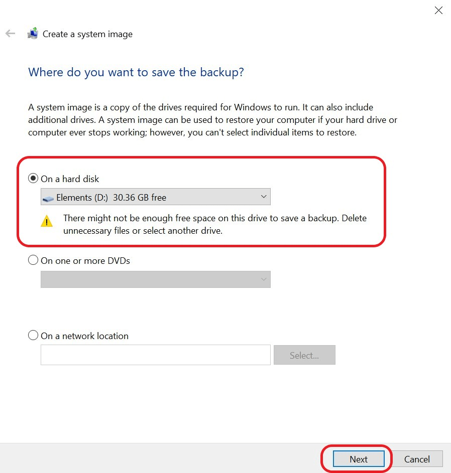 Storage options for Windows 10 backups