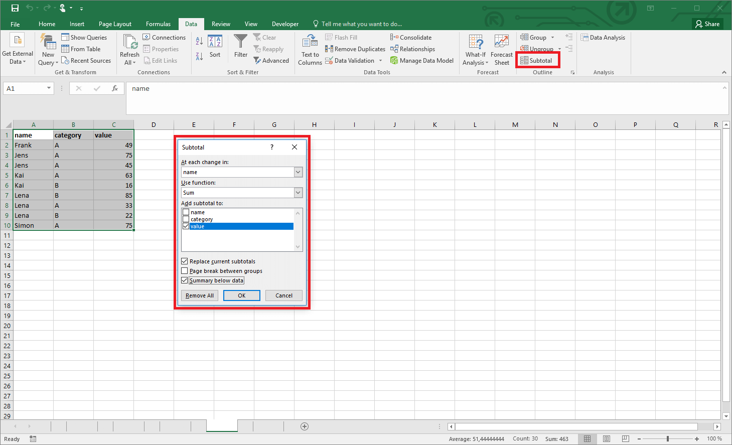 Subtotal tool in Excel