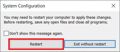 System configuration screenshot – restart