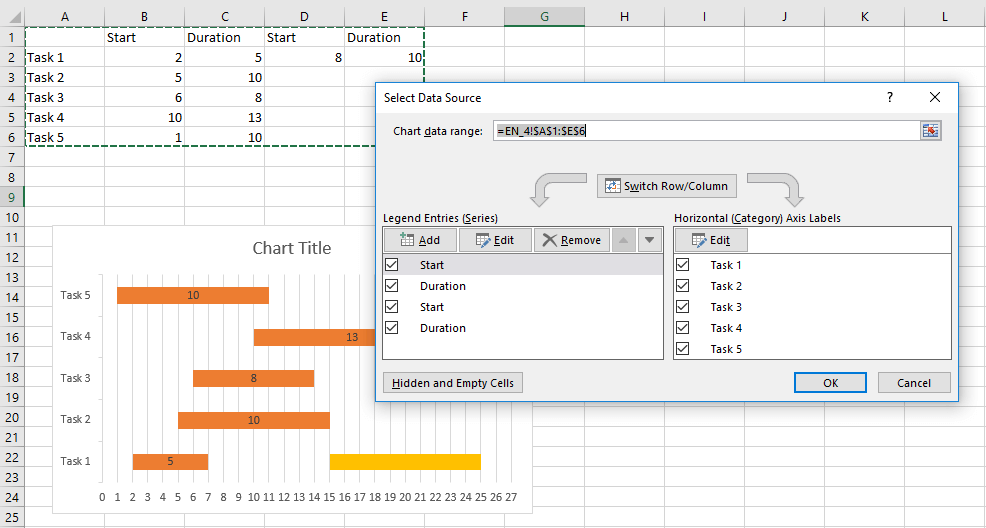 The Excel menu window, which can be used to adapt the chart data area