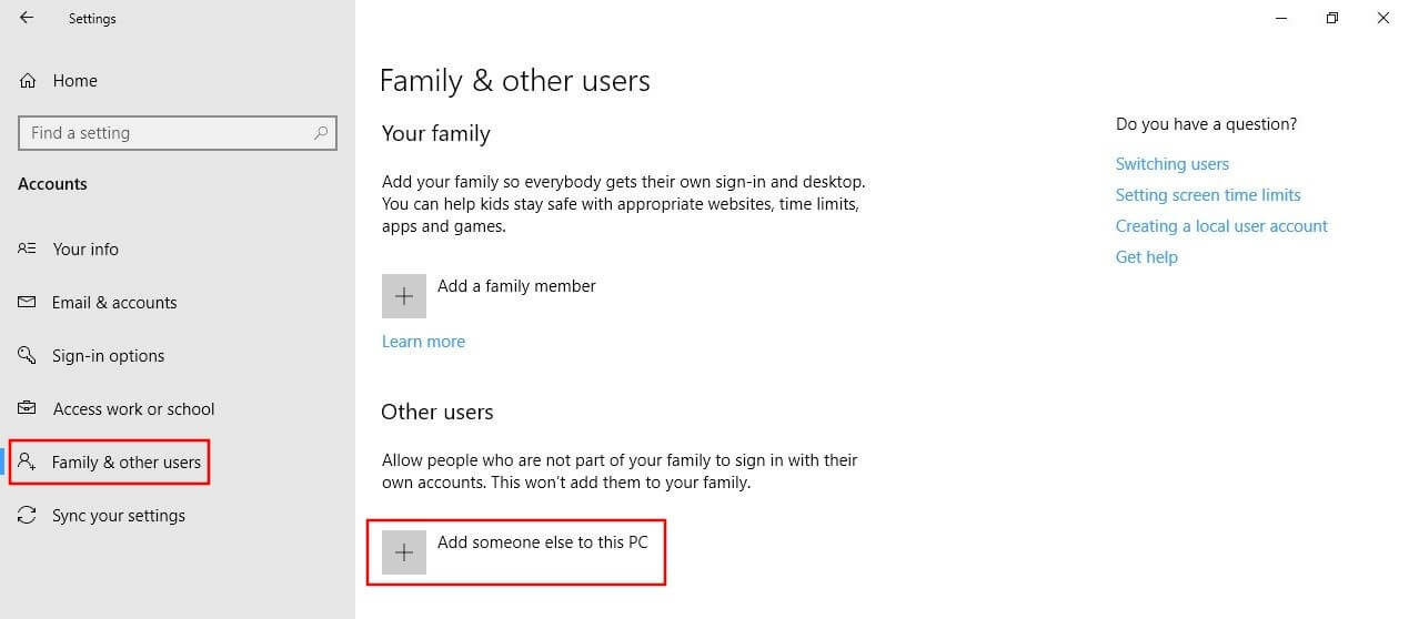 The “Family & other users” Windows 10 menu