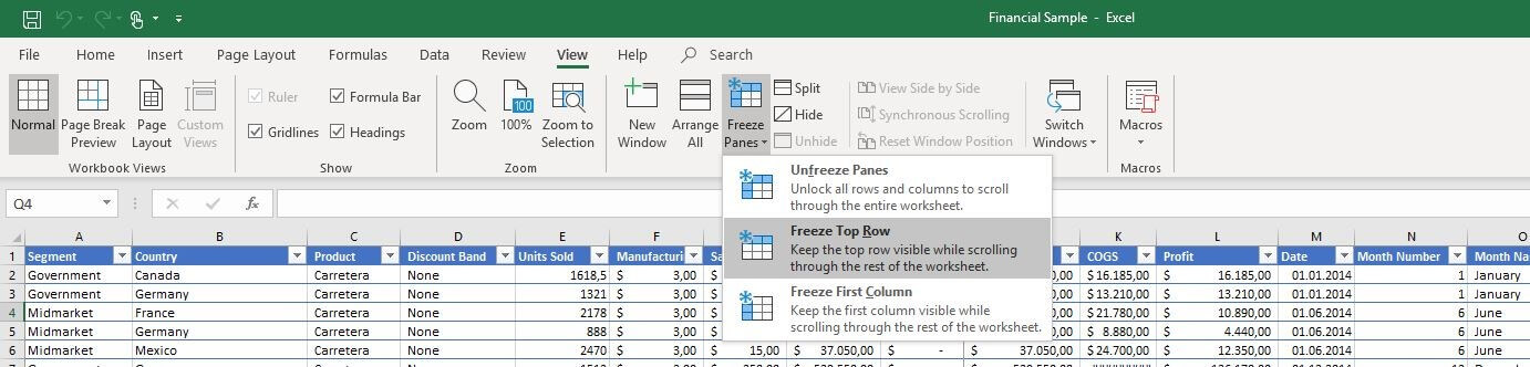 The “Freeze Panes” menu in Excel 2016