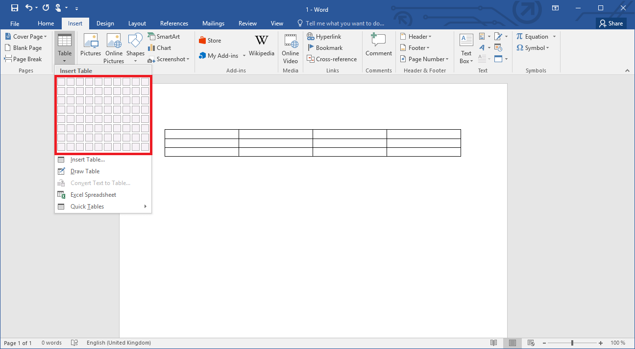The Insert option, which creates a table in Word using the mouse pointer