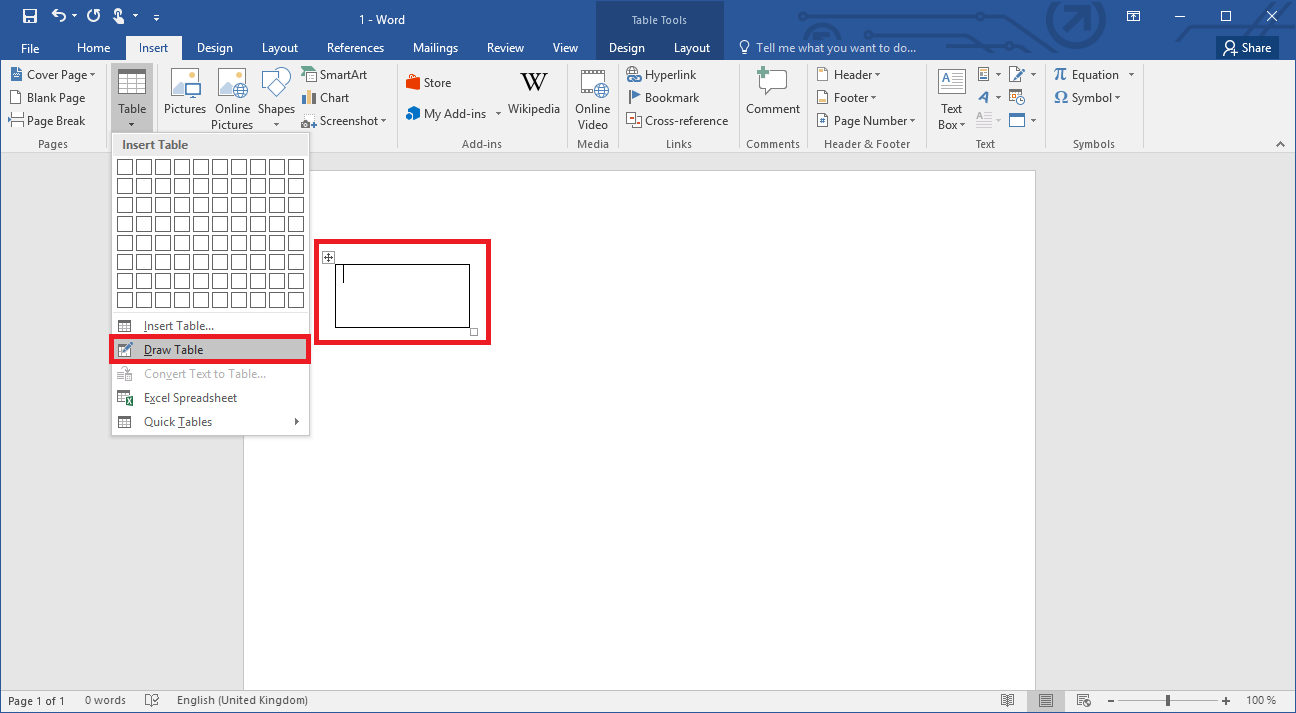 The option for drawing a table in Word