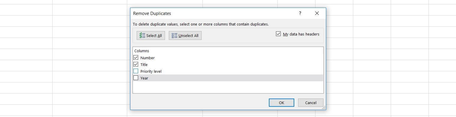 The “Remove Duplicates” dialog window in Excel 2016