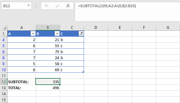 Example showing totals calculated in Excel with SUBTOTAL