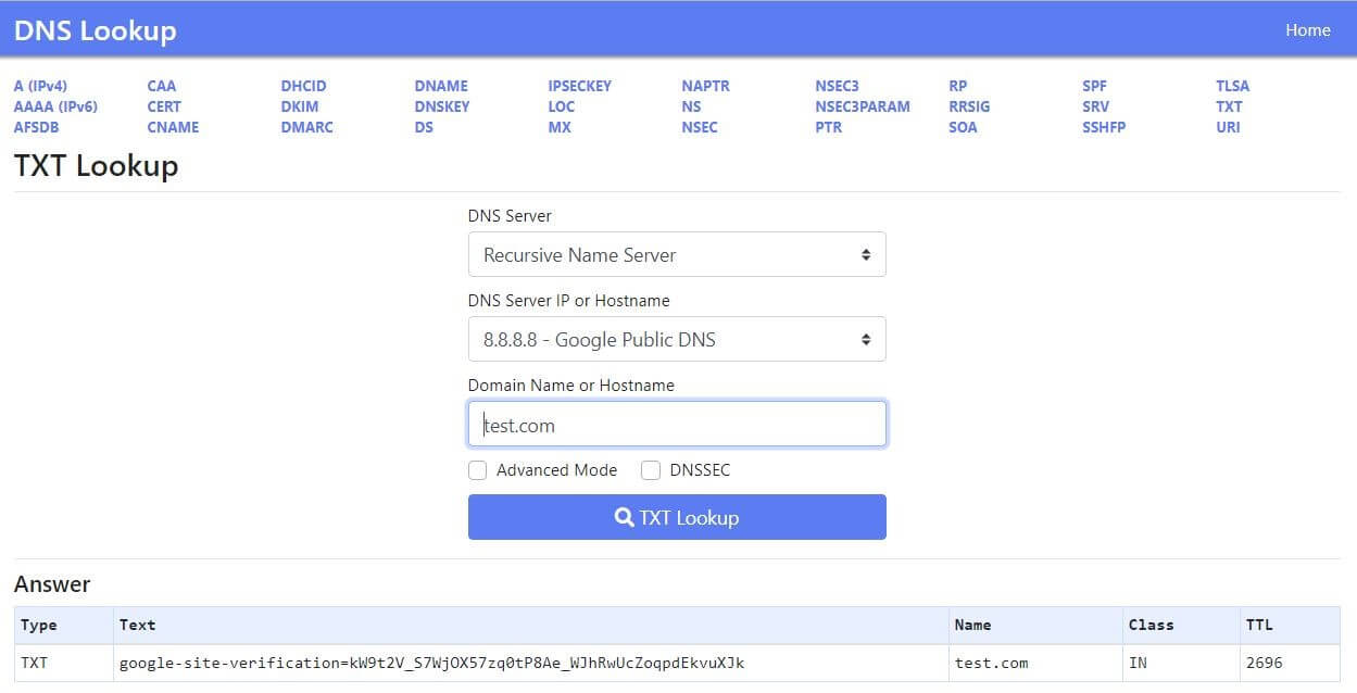 Screenshot of the DNS Lookup tool