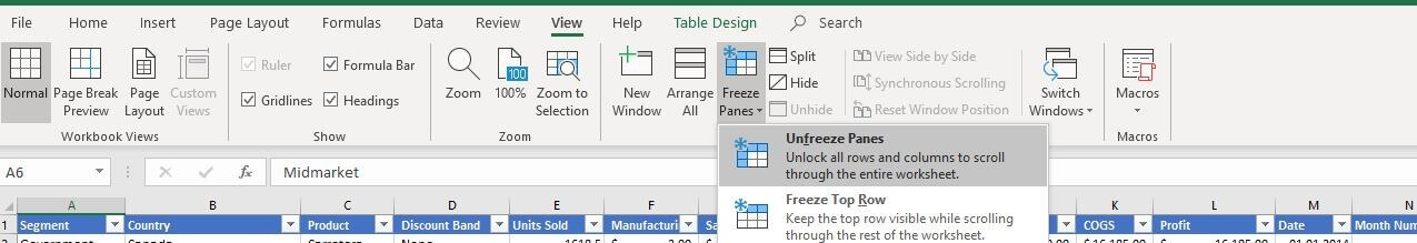 The “Unfreeze Panes” option in Excel