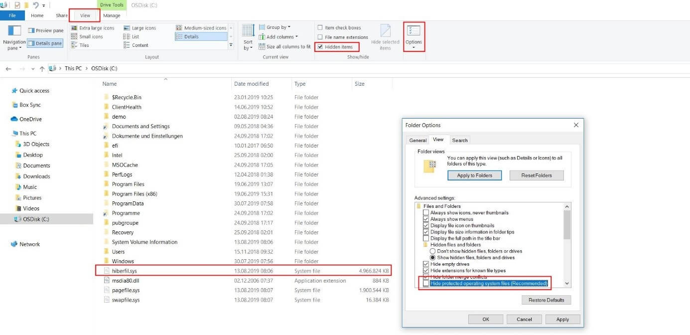 Unhidden hiberfil.sys file in the source directory of the Windows partition