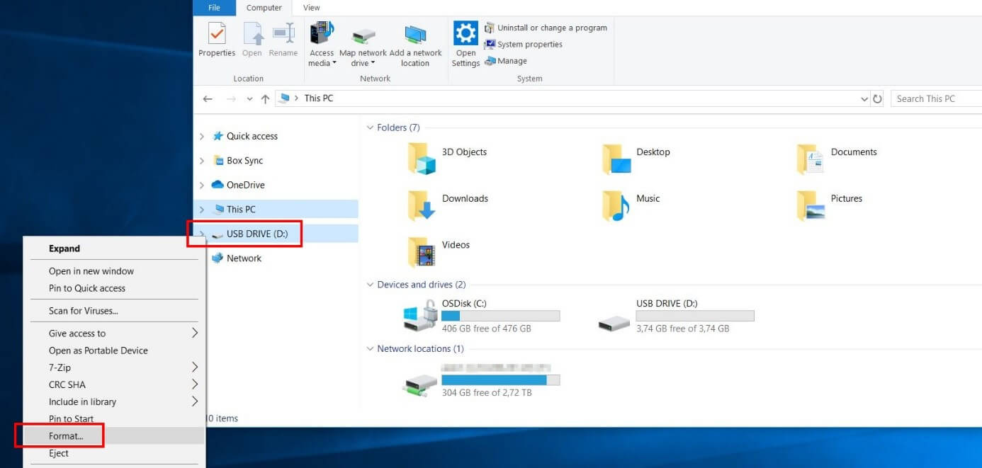 Windows 10: USB stick entry in the side bar of the file explorer