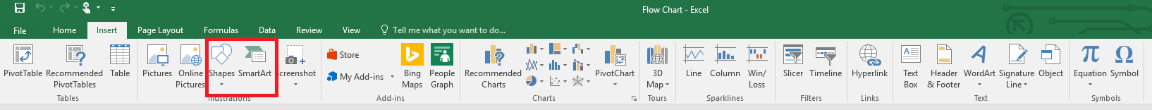 Use “Shapes” or “SmartArt” for creating flowcharts in Excel