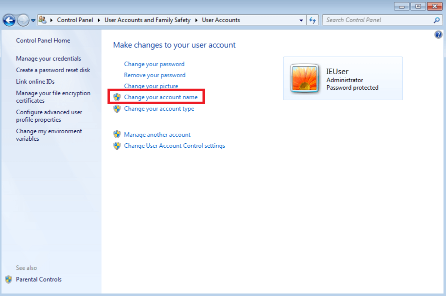 Windows 7: “User Accounts” menu