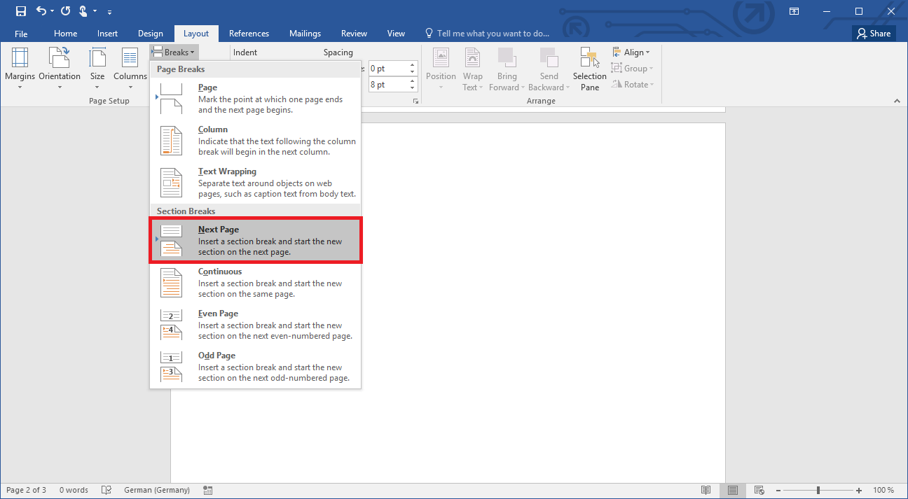 Using page breaks and section breaks when inserting page numbers starting on the third page in Word 2019
