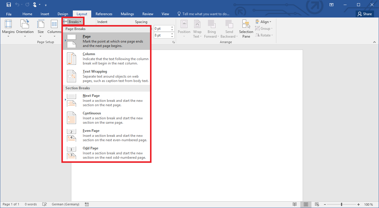 Using page breaks when inserting page numbers starting on the third page in Word 2019