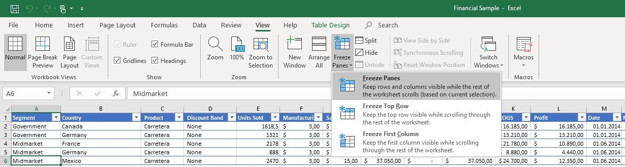 The “View” tab in Excel 2016