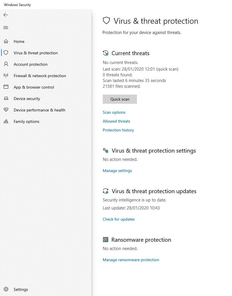 Virus and threat protection in Windows 10