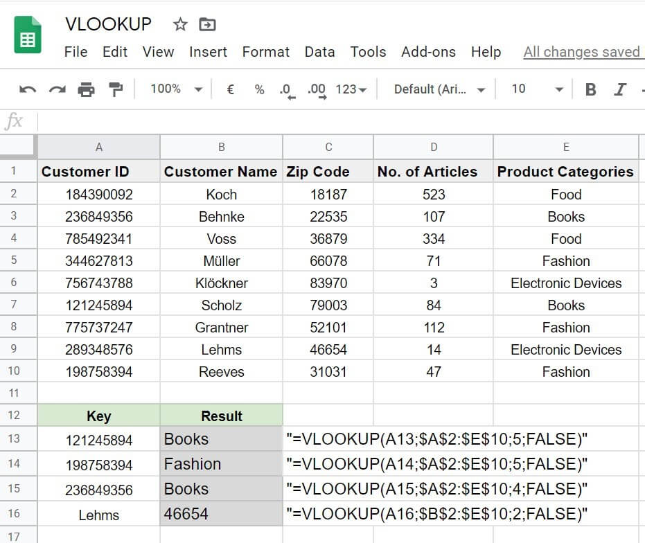VLOOKUP results in Google Sheets