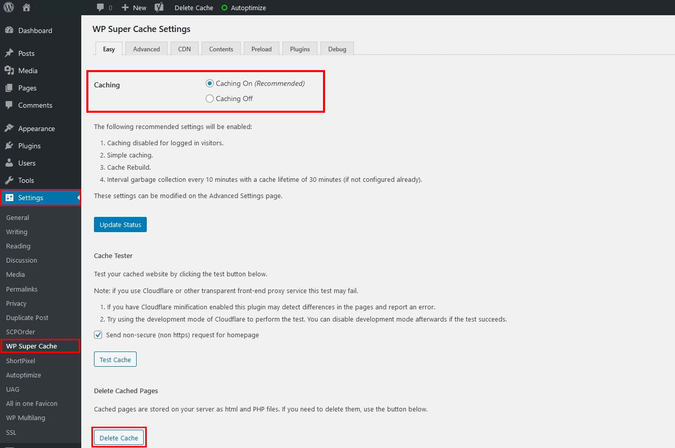 WP Super Cache settings with button for clearing the WordPress cache