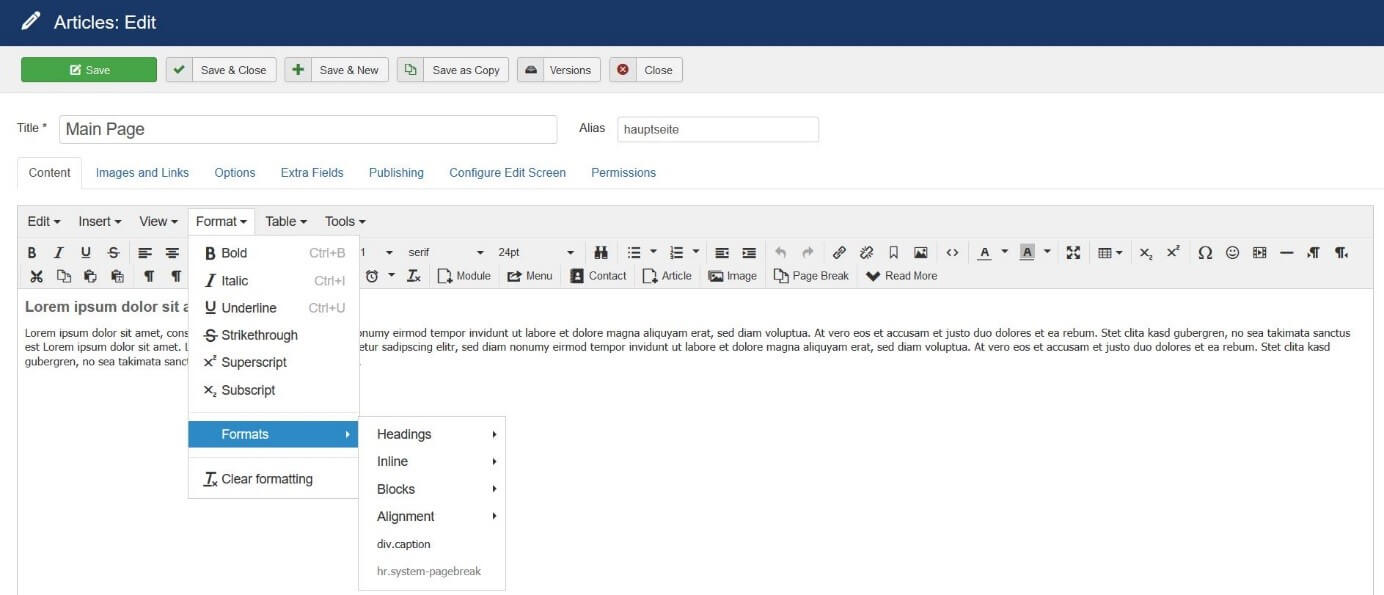 Window for creating a new post in Joomla!