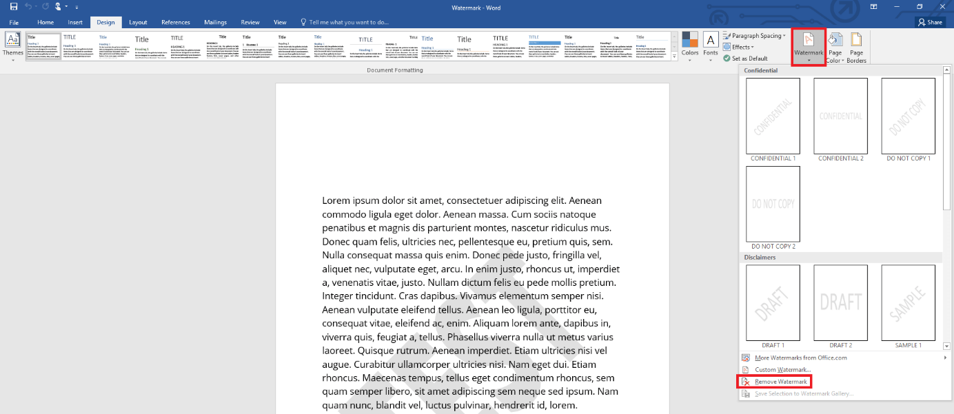 Window in Word for removing a watermark