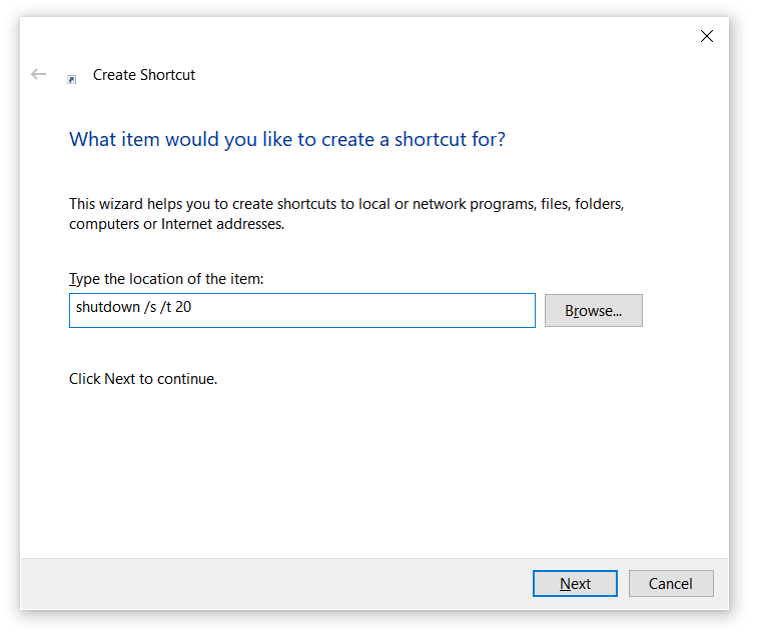 Windows 10: “Create shortcut” dialog