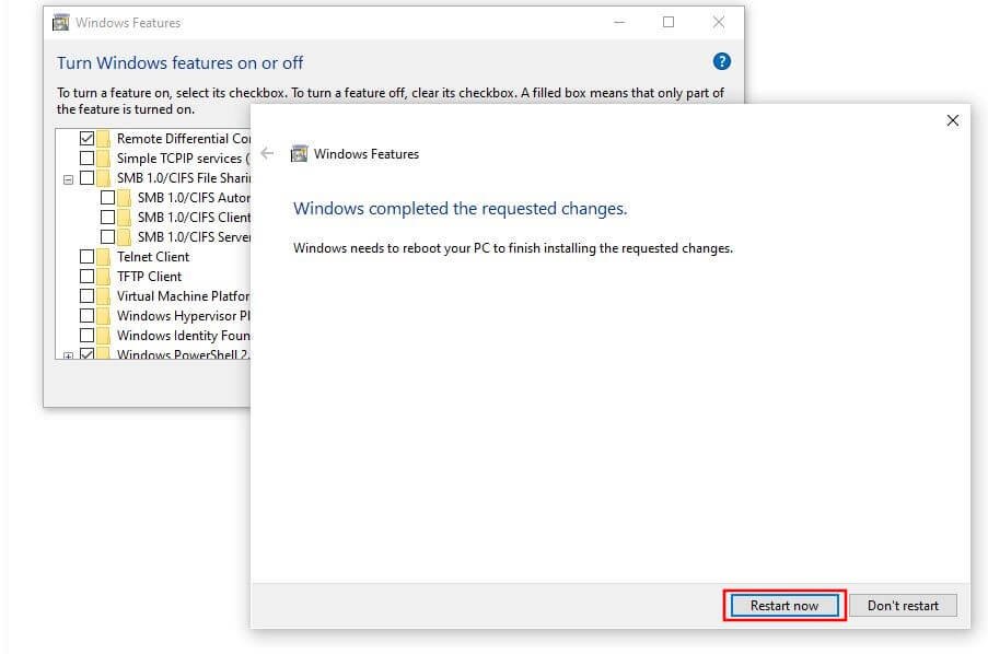 Windows 10: Restart dialog