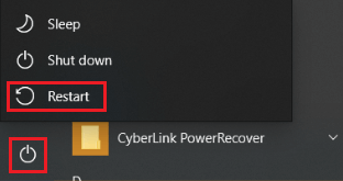 Screenshot showing the Windows 10 restart option