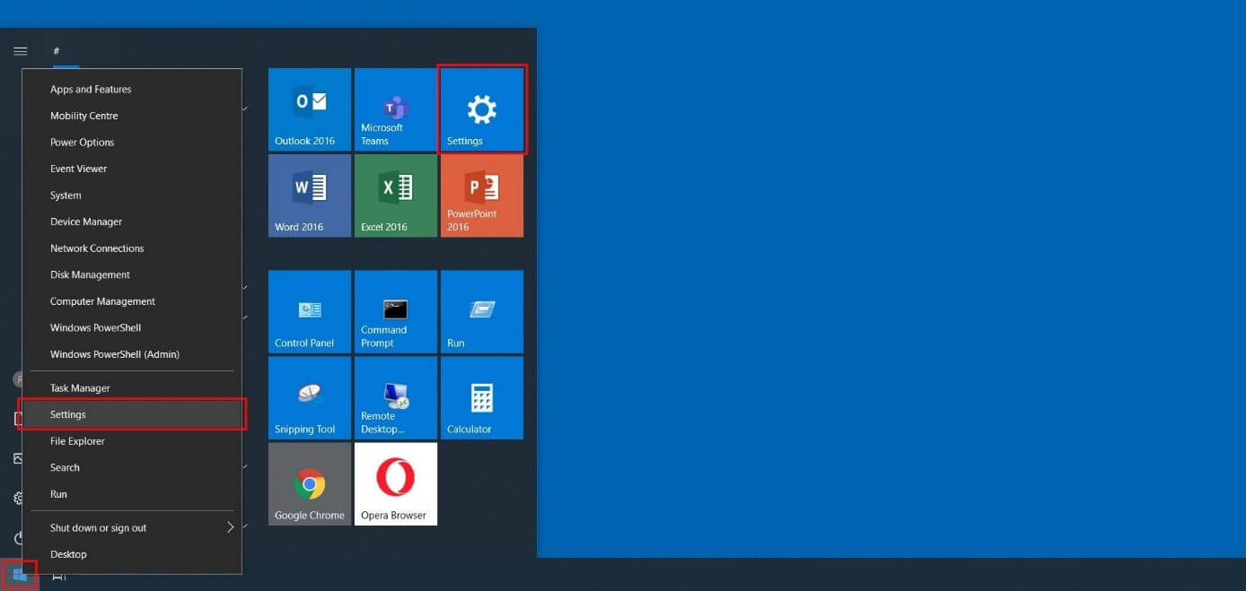 Windows 10: start menu with quick menu