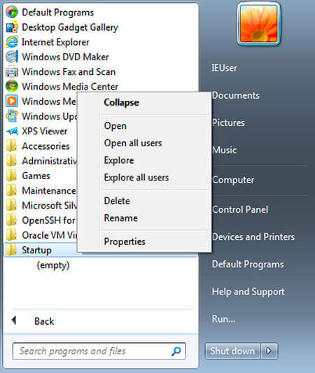 Start menu in Windows 7 with the Startup folder