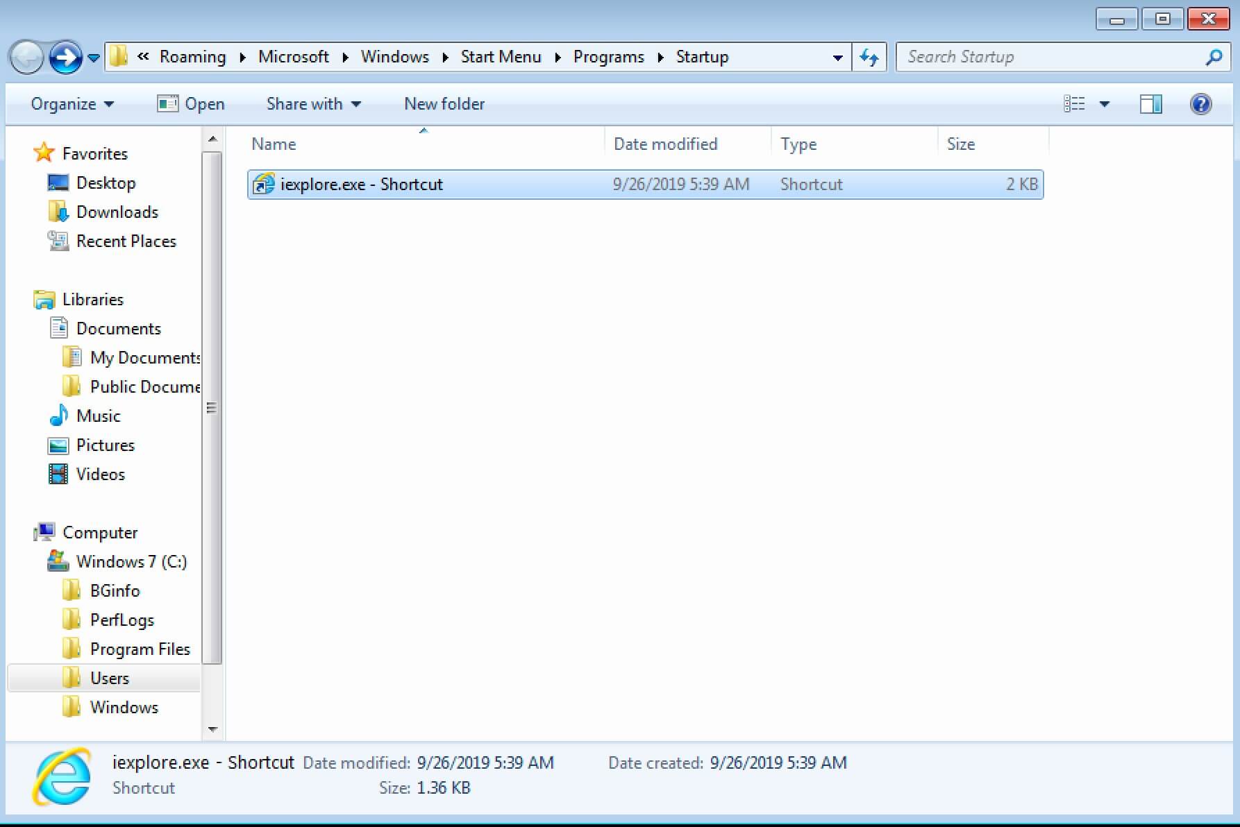 Startup folder in Windows 7 with a link to Internet Explorer