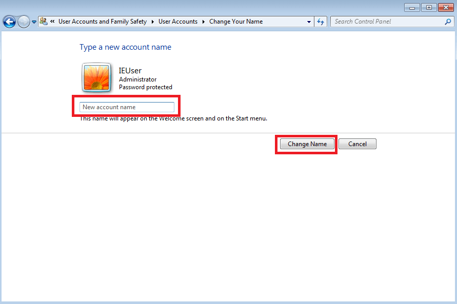 Windows 7 User Accounts menu: Change your username