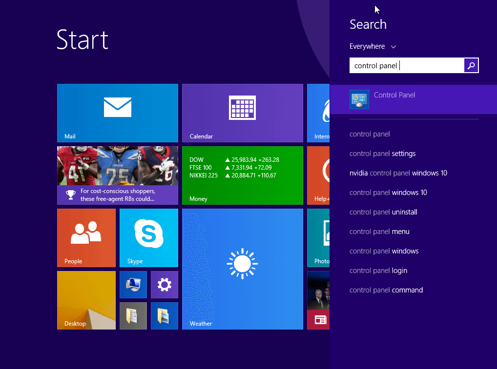 Windows 8 search for “control panel”