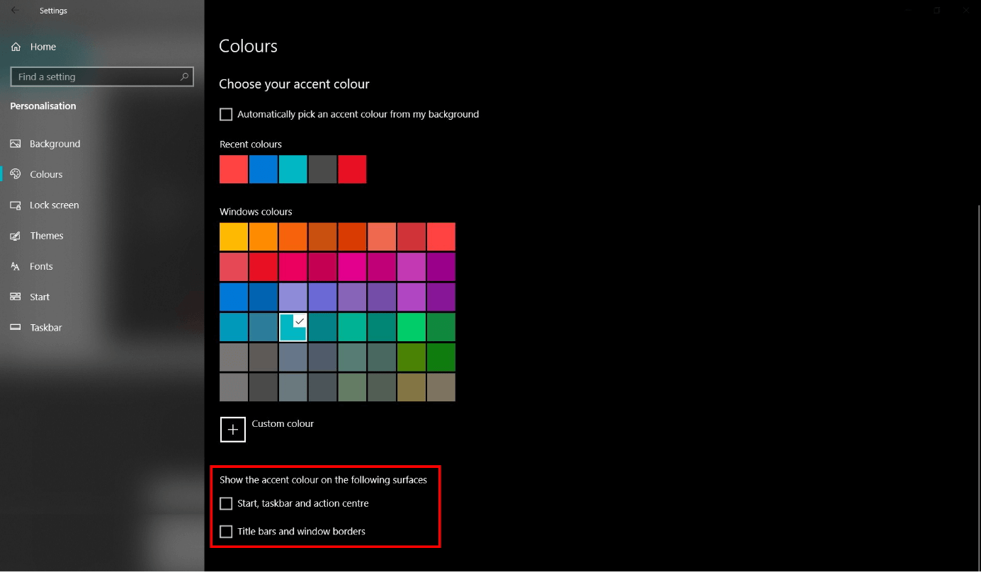 Windows settings: Choose an accent color