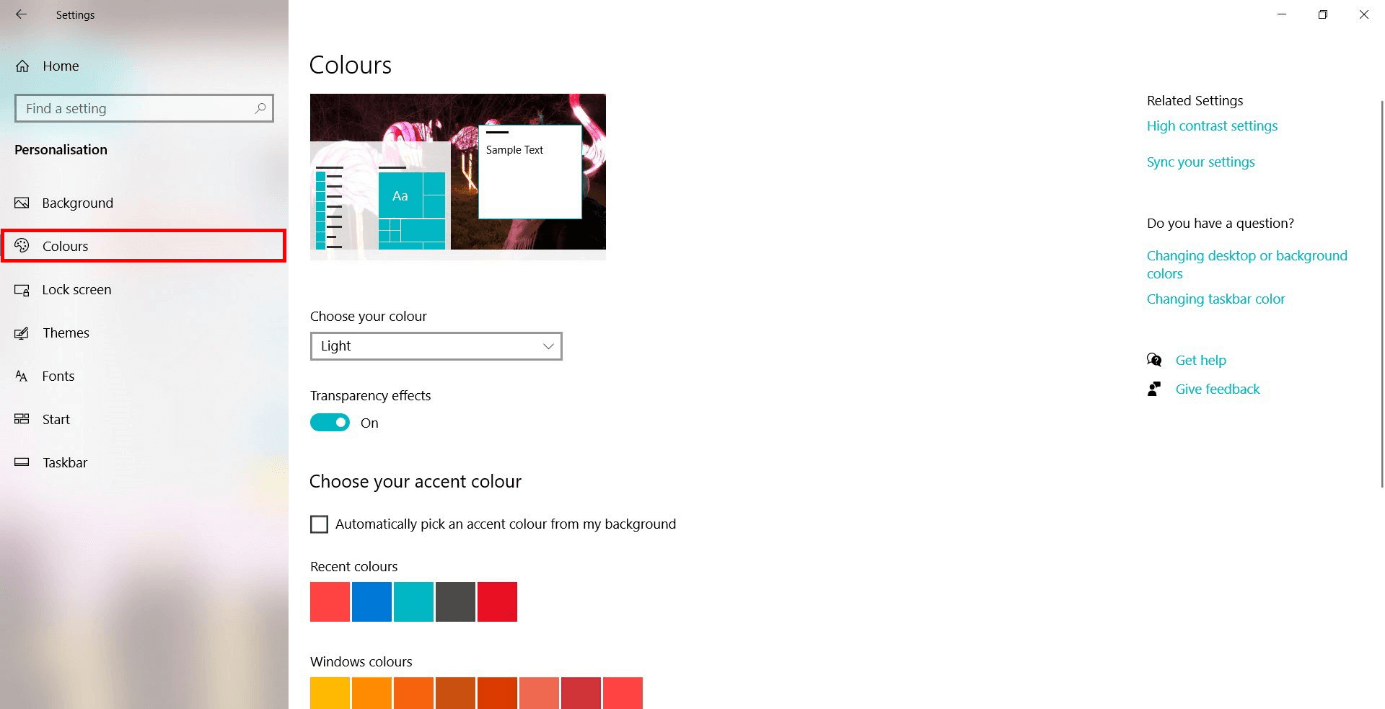 Windows settings: “Colors”