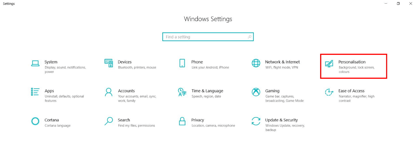Windows settings: “Personalization” option