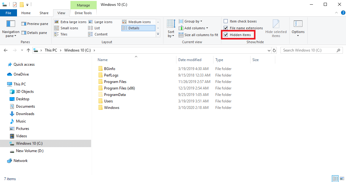 Showing hidden files and folders in Windows 10