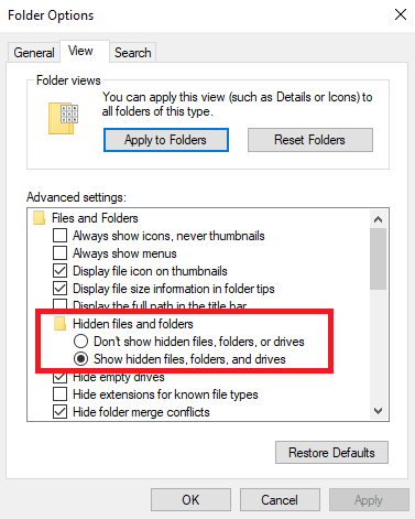 Showing hidden files via the Folder Options in Windows 10 